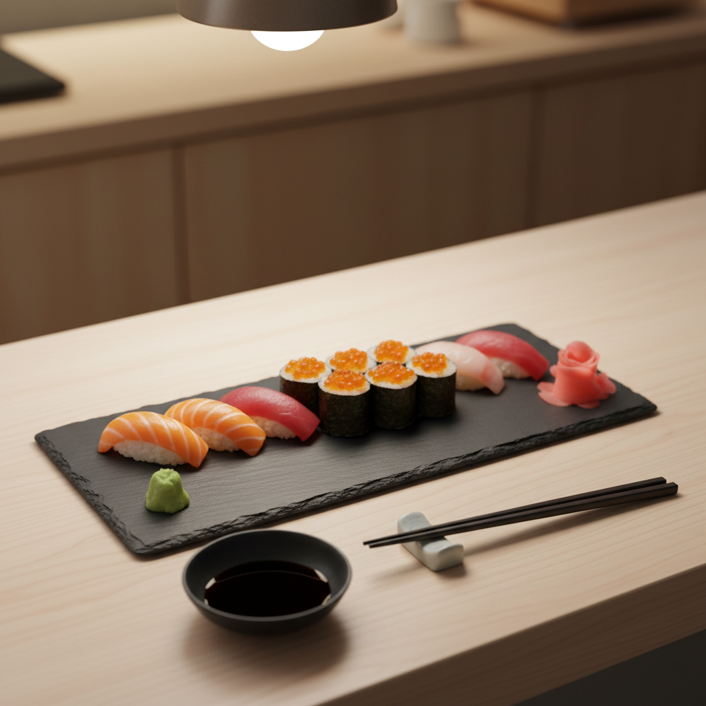 An elegant, close-up view of a pristine rectangular slate sushi platter resting on a pale ash-wood counter, displaying a precise row of nigiri and maki: glossy salmon, deep red tuna, pale pink snapper, and jewel-like ikura atop perfectly formed rice. Thin curls of pickled ginger and a sculpted wasabi mound add pastel color accents. The counter is minimally adorned with a small black soy sauce dish and lacquered chopsticks resting on a ceramic holder. Soft overhead pendant lighting creates controlled highlights on the fish and a gentle sheen on the slate, with a calm gradient shadow falling behind. Captured from a slightly elevated angle in photographic realism, the background is softly blurred, suggesting a refined, contemporary Japanese dining space with a serene, sophisticated mood.