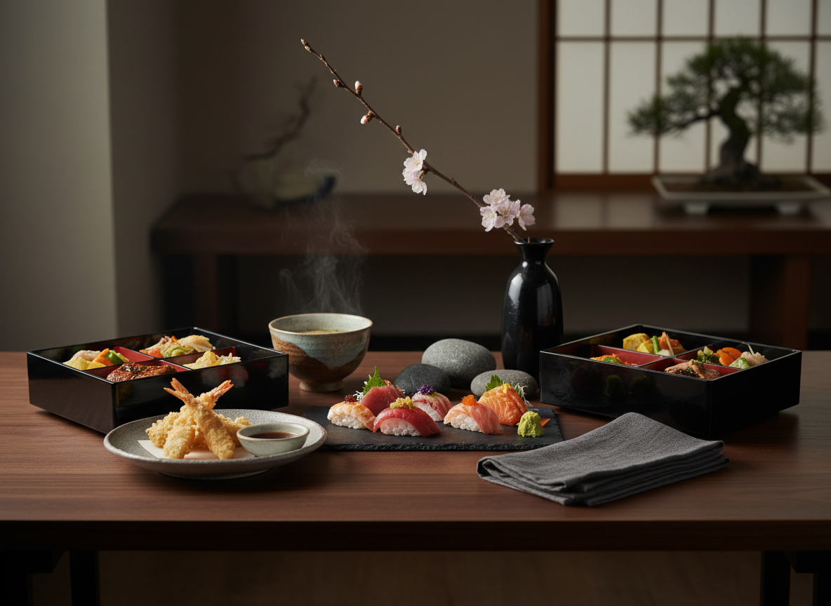 A meticulously arranged assortment of Japanese dishes on a low, dark walnut table, featuring gleaming lacquered bento boxes, a central slate platter of artfully sliced sushi, a small ceramic bowl of miso soup with wisps of steam, and a minimalist stone plate with delicate tempura. Surrounding the food are smooth river stones, a single ikebana-style branch in a black vase, and neatly folded linen napkins. Soft, diffused evening light from a hidden source washes across the scene, creating gentle highlights on glazed ceramics and subtle shadows. Photographed at eye level with a shallow depth of field, the background fades into a blurred zen-inspired interior with muted tones, conveying a sophisticated, calm, and contemplative atmosphere in clean photographic realism.