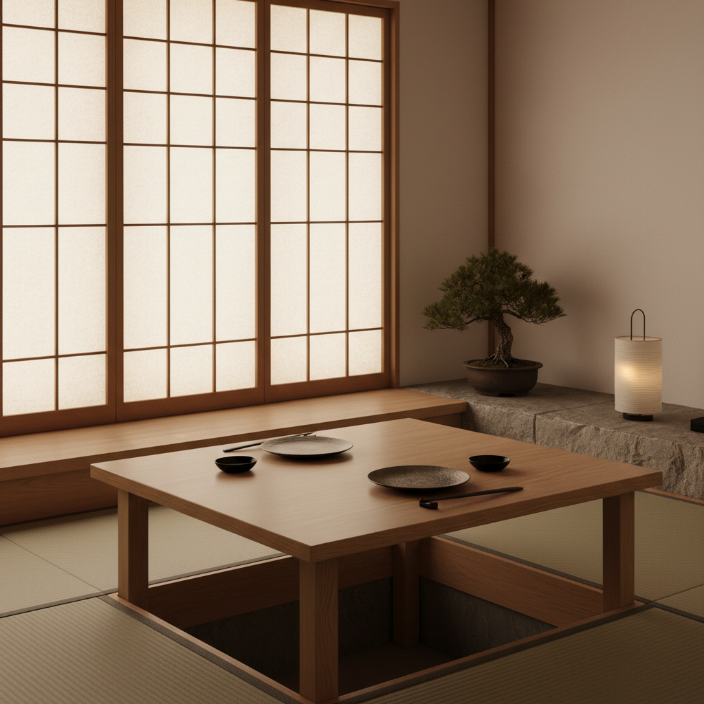 A tranquil corner of a zen-inspired Japanese dining room, centered on a low, rectangular oak table with a flawless satin finish, set for one with a single ceramic plate, a lacquered chopstick rest, and a small black soy dish. Behind the table, a textured shoji screen diffuses natural late-afternoon light, casting a soft, geometric glow across the space. A narrow stone ledge along the wall holds a single bonsai tree in a dark clay pot and a minimalist washi paper lantern turned off, maintaining a subdued ambiance. Shot at eye level with a wide lens and sharp focus, the composition emphasizes negative space, clean lines, and natural materials, creating a serene, sophisticated atmosphere in realistic, minimalist photographic style, ideal as a background hero image for a refined Japanese dining brand.