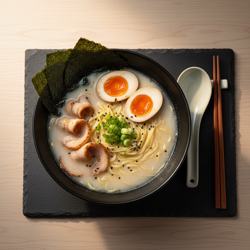 A single, beautifully composed bowl of tonkotsu ramen in a matte black ceramic bowl, filled with creamy, opaque broth, firm golden noodles just visible beneath the surface, perfectly halved jammy eggs, ribbons of chashu pork with a slight char, and a fan of nori sheets. Finely sliced scallions and a sprinkle of black sesame add contrast. The bowl rests on a smooth, charcoal stone slab atop a pale wooden table, with a minimalist ceramic spoon and wooden chopsticks placed parallel. Warm, directional side lighting creates soft reflections on the broth and gentle shadows under the bowl. Photographed from a top-down, bird’s-eye perspective, the composition is centered and balanced, evoking a zen-like, contemplative dining experience in a clean, sophisticated photographic style.